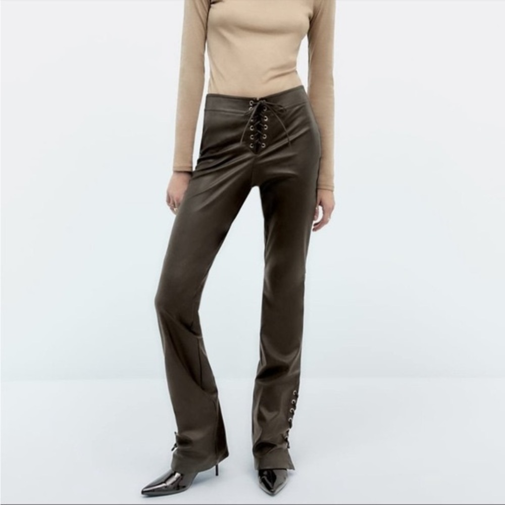 ZARA Lace Up Brown Leather Pants New